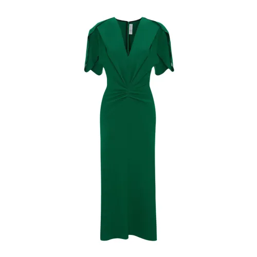 Victoria Beckham , Green Wool Blend Dress with Ruched Detailing ,Green female, Sizes: