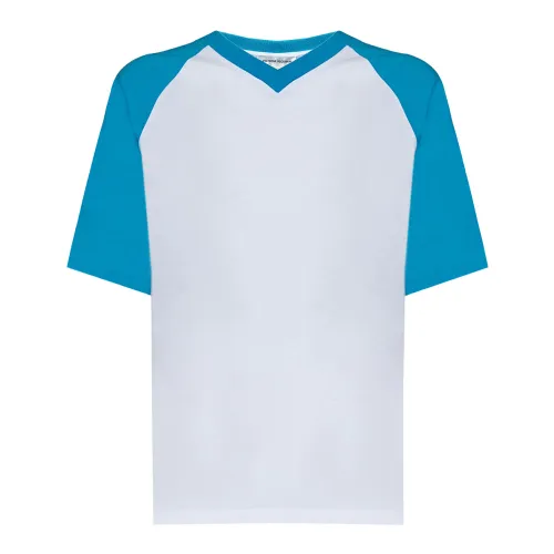 Victoria Beckham , White Ribbed V-neck T-shirt with Blue Sleeves ,White female, Sizes: