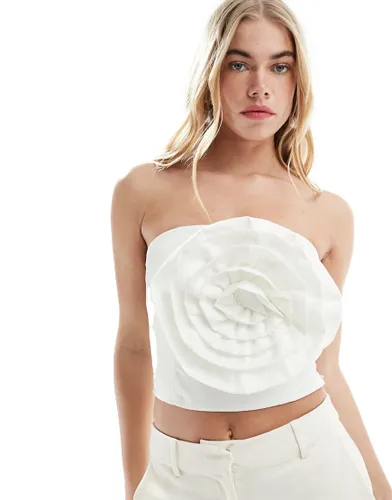 Vila Bridal jacquard bandeau top with 3D corsage in white