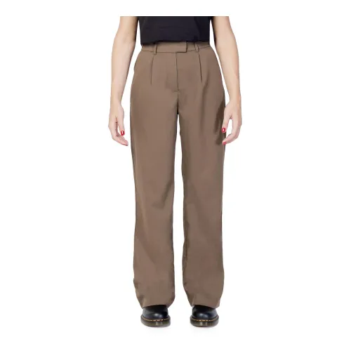 Vila , Brown Plain Trousers with Zip and Hook Fastening ,Brown female, Sizes:
