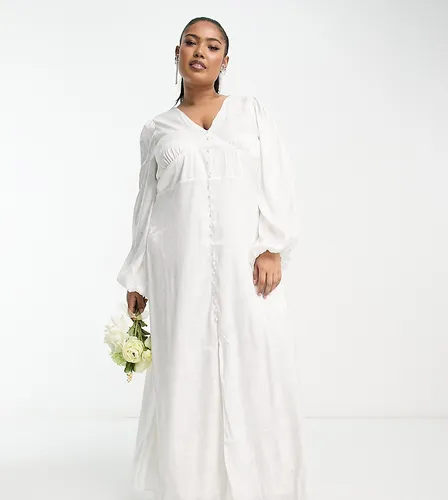 Vila Curve Bridal jacquard button through maxi dress with balloon sleeves in white