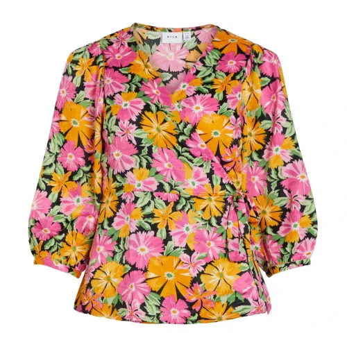 Vila , Floral V-Neck Blouse, Long Sleeves ,Pink female, Sizes: