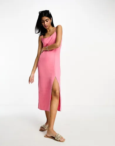 Vila linen touch cami midi dress with slit front in pink