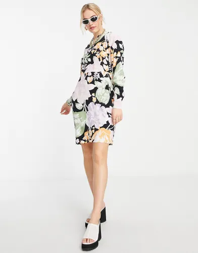Vila mini dress with frill neck in pastel floral-Multi