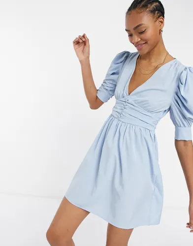 Vila mini dress with wrap front and ruffled 3/4 length sleeves in blue