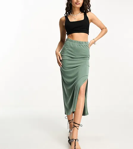 Vila Petite slinky maxi skirt with slit sides in khaki-Green