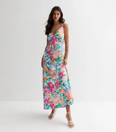 VILA Pink Floral Satin Strappy Maxi Dress New Look