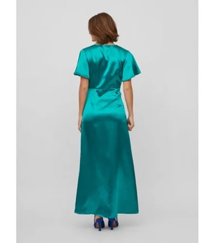 VILA Turquoise Satin V Neck Short Flutter Sleeve Twist Front Maxi Dress New Look