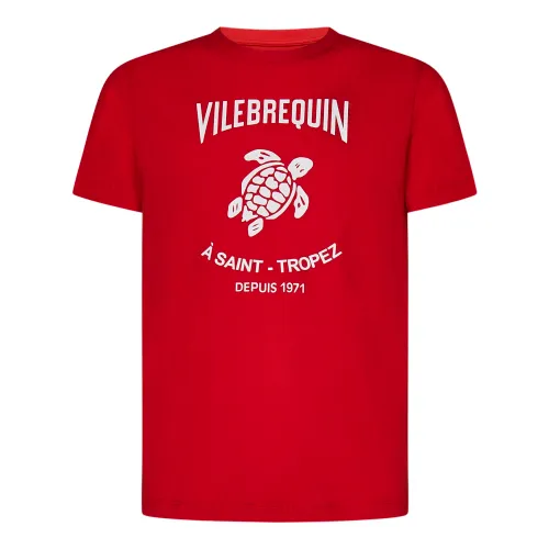 Vilebrequin , Red Ribbed Crew Neck T-Shirt with Turtle Logo ,Red male, Sizes: