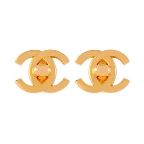 Vintage Chanel Yellow Gold Plated CC Sculpted Earrings