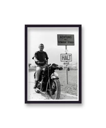 Vintage Photography Archive Steve McQueen Icinic Pose On Motorbike The Great Escape B&W - Black Wood - One