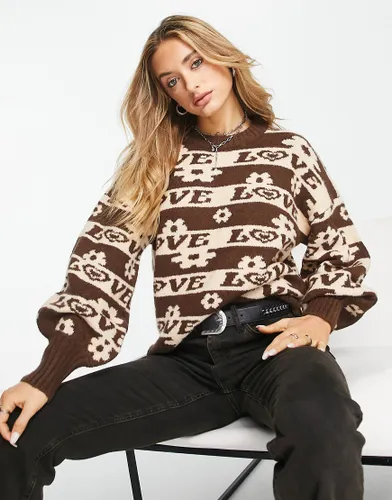 Violet Romance knitted jumper in love print-Brown