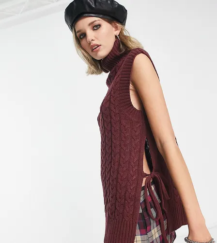 Violet Romance Petite roll neck tie side sleeveless jumper in deep red-Brown