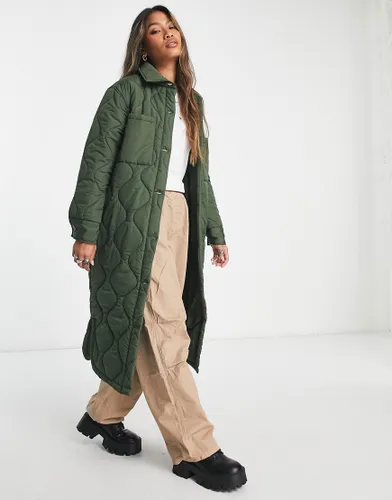 Violet Romance quilted longline coat in khaki-Green