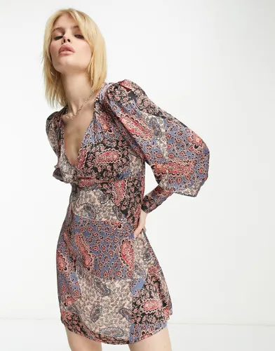 Violet Romance satin mini dress in patchwork print-Multi