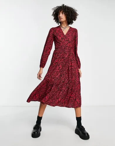 Violet Romance satin wrap front midaxi dress in red floral print