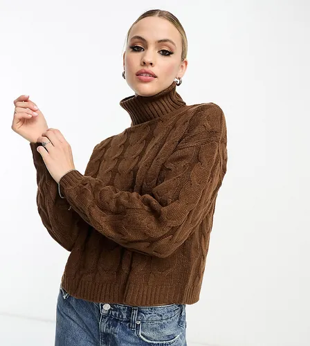 Violet Romance Tall roll neck cable knit cropped jumper in chocolate brown