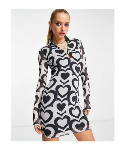 Violet Romance Womens collared mesh mini dress in heart print-White - Black