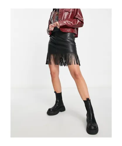 Violet Romance Womens faux leather fringed mini skirt in black
