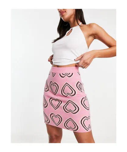 Violet Romance Womens knitted skirt co-ord in heart print-Multi - Pink