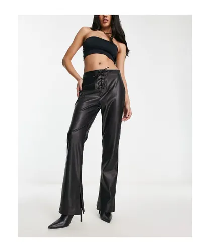 Violet Romance Womens lace up front faux leather wide leg trousers in black