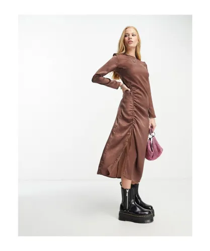 Violet Romance Womens satin ruched side midi dress in brown