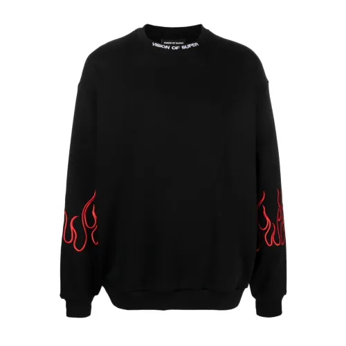 Vision OF Super , Black Sweater with Red Embroidered Flames ,Black male, Sizes: