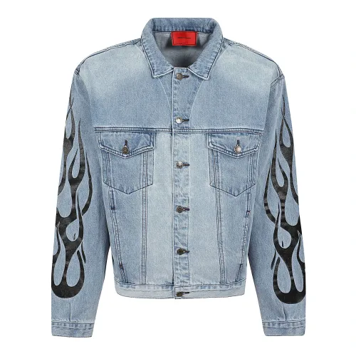 Vision OF Super , Denim Jacket With Black Printed Flames ,Blue male, Sizes: