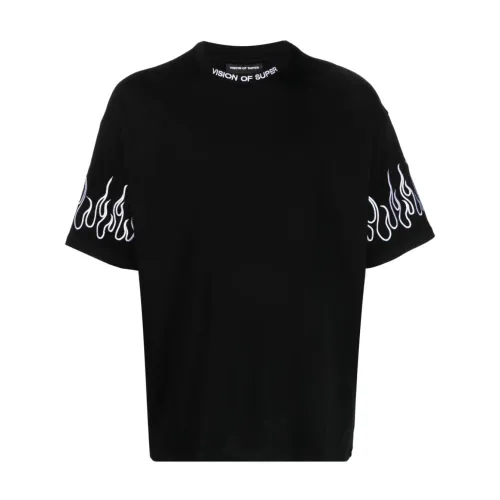 Vision OF Super , Flame Print Black Cotton T-shirt ,Black male, Sizes: