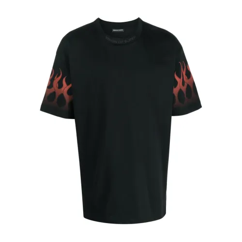 Vision OF Super , Flame Print Black T-shirt ,Black male, Sizes: