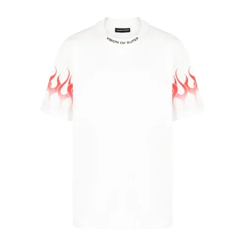 Vision OF Super , Flame Print White T-shirt ,White male, Sizes: