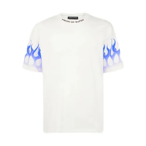 Vision OF Super , White T-shirt with Blue Flames ,White male, Sizes: