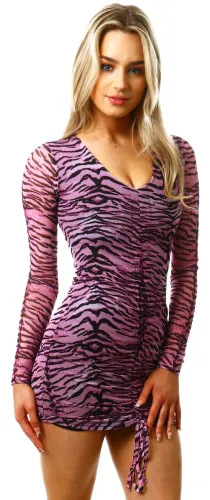 Vivichi Purple Tiger Print Long Sleeve Ruched Dress