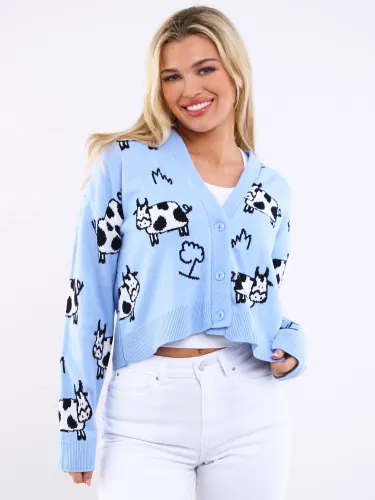 Vivichi Sky Blue Cow Print Knitted Cardigan