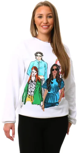 Vivichi White Girls Print Crew Neck Sweater