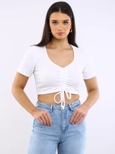 Vivichi White Ribbed Short Sleeve Ruched Top