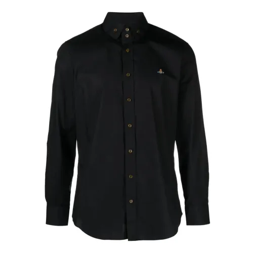 Vivienne Westwood , Black Cotton Logo Orb Embroidered Shirt ,Black male, Sizes: