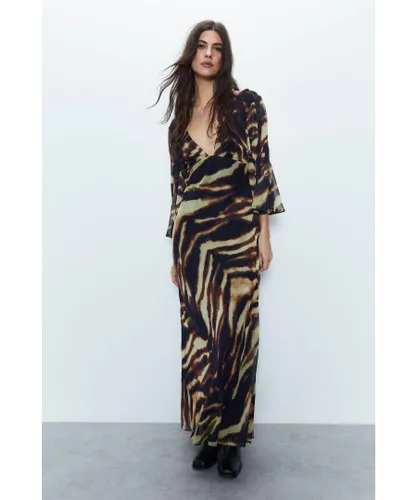 Warehouse Womens Animal Print Fluted Sleeve Plunge Maxi Dress - Tan