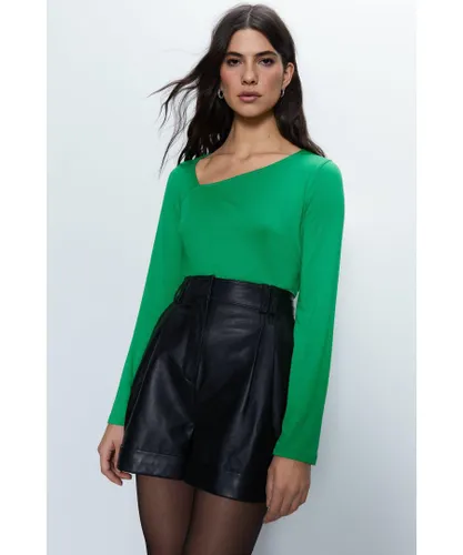 Warehouse Womens Asymmetric Neck Long Sleeve Top - Green Viscose