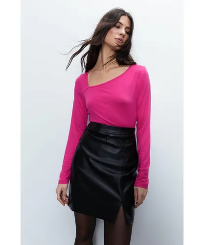 Warehouse Womens Asymmetric Neck Long Sleeve Top - Pink Viscose