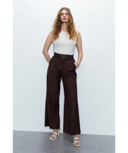 Warehouse Womens Belt Detail Tailored Trouser - Brown