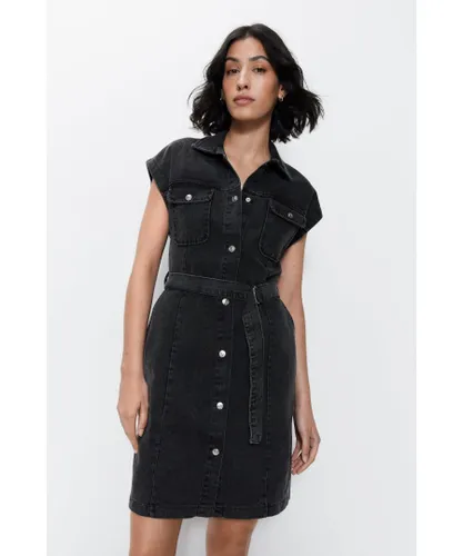 Warehouse Womens Belted Denim Short Sleeve Shirt Dress - Black Cotton