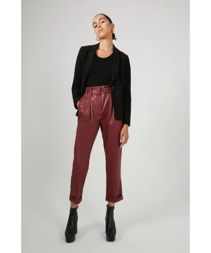 Warehouse Womens Belted Faux Leather Peg Trousers - Dark Red