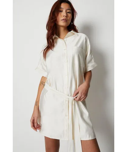 Warehouse Womens Belted Twill Mini Shirt Dress - White