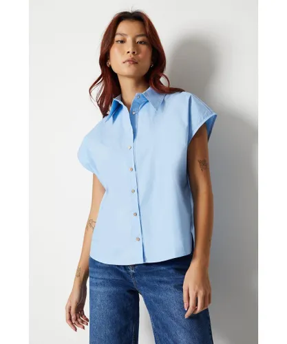 Warehouse Womens Boxy Button Through Shirt - Pale Blue Cotton
