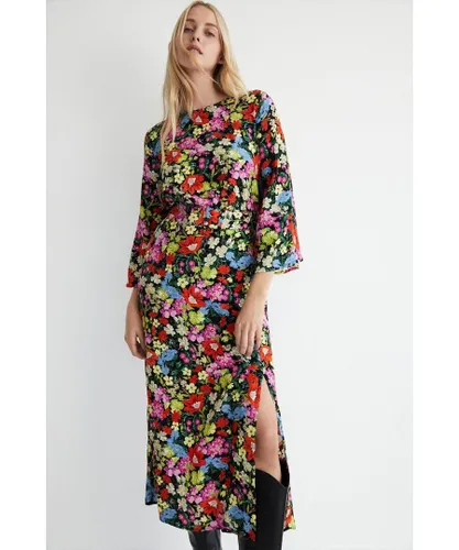 Warehouse Womens Bright Floral Belted Midi Dress - Multicolour Viscose