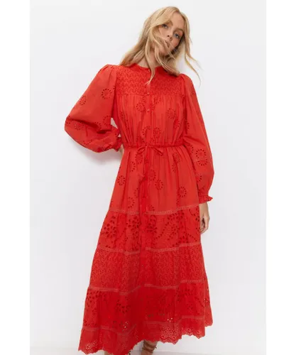 Warehouse Womens Broderie Drawstring Waist Midi Dress - Red Cotton