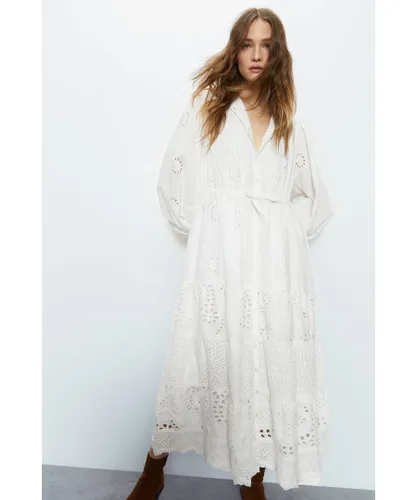 Warehouse Womens Broderie Drawstring Waist Midi Dress - White Cotton