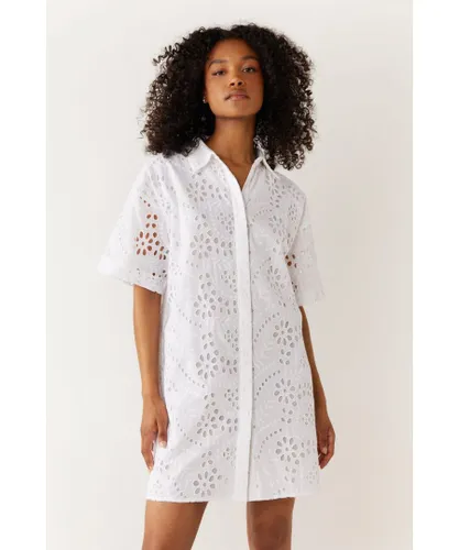 Warehouse Womens Broderie Mini Shirt Dress - White Cotton