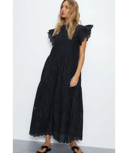 Warehouse Womens Broderie Mix Tiered Midi Dress - Black Cotton